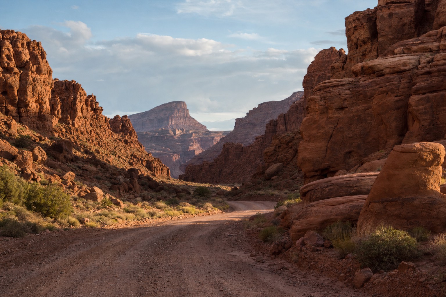 An empty desert road through red sandstone canyon walls evoking a classic film backdrop